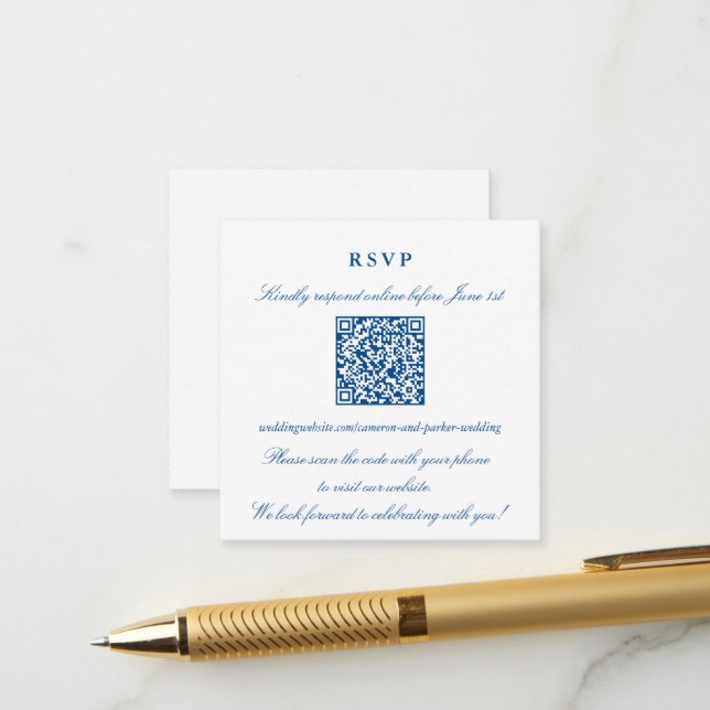 Elegant Navy Blue Small Online RSVP QR Code Enclosure Card (Front/Back In Situ)