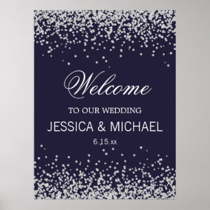 Elegant Navy Blue Sparkling Silver Glitter Wedding Poster