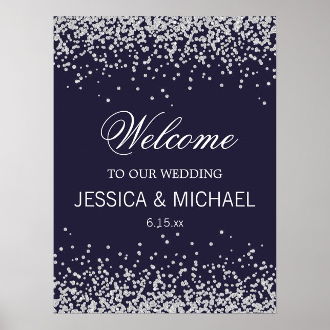 Elegant Navy Blue Sparkling Silver Glitter Wedding Poster (Front)