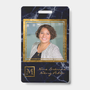 Elegant Navy Blue Square Gold Monogram Notary ID Badge