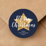 Elegant Navy Blue Star Merry Christmas  Classic Round Sticker<br><div class="desc">Personalised Elegant Navy Blue Star Merry Christmas Classic Round Sticker</div>