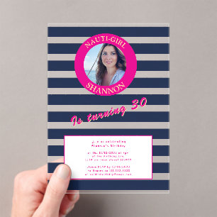 Elegant Navy Blue Stripe 30th Birthday Invitation