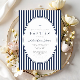 Elegant Navy Blue Striped Boy Baptism Invitation