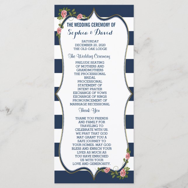 Elegant Navy Blue Stripes Wedding Ceremony Program (Front)