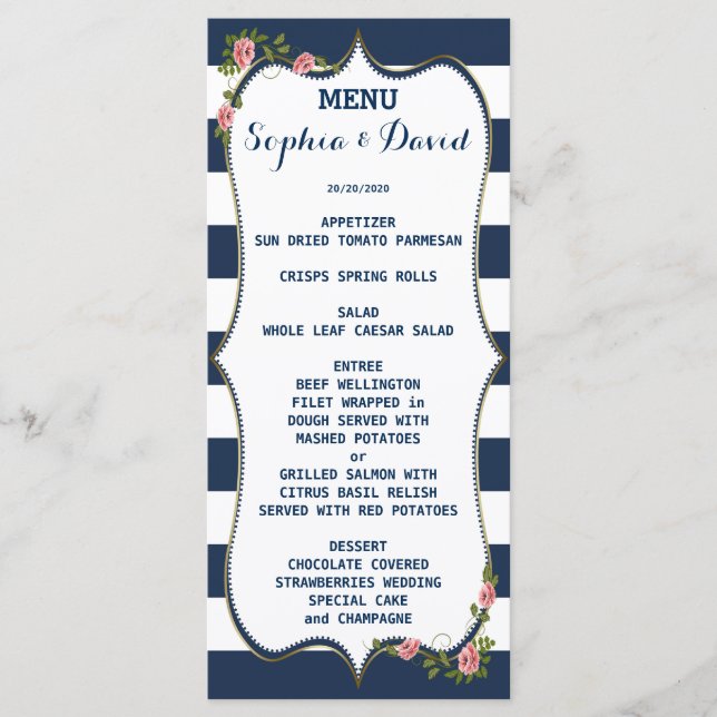 Elegant Navy Blue Stripes Wedding Menu Custom (Front)