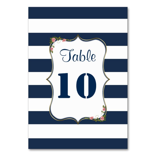 Elegant Navy Blue Stripes Wedding Table Numbers (Front)