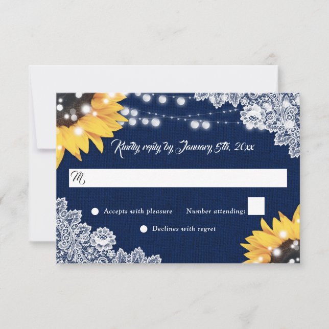 Elegant Navy Blue Sunflower Burlap Lace Wedding RSVP Card (Front)