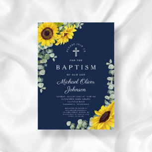Elegant Navy Blue Sunflower Cross Baptism Invitation
