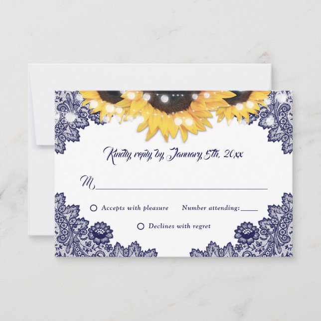 Elegant Navy Blue Sunflower Floral Lace Wedding RSVP Card (Front)