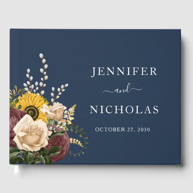 Elegant Navy Blue Sunflower Floral Wedding Guest Book (Front)