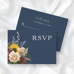 Elegant Navy Blue Sunflower Floral Wedding RSVP Card