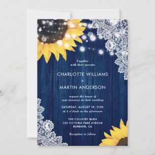 Elegant Navy Blue Sunflower Rustic Wood Wedding Invitation