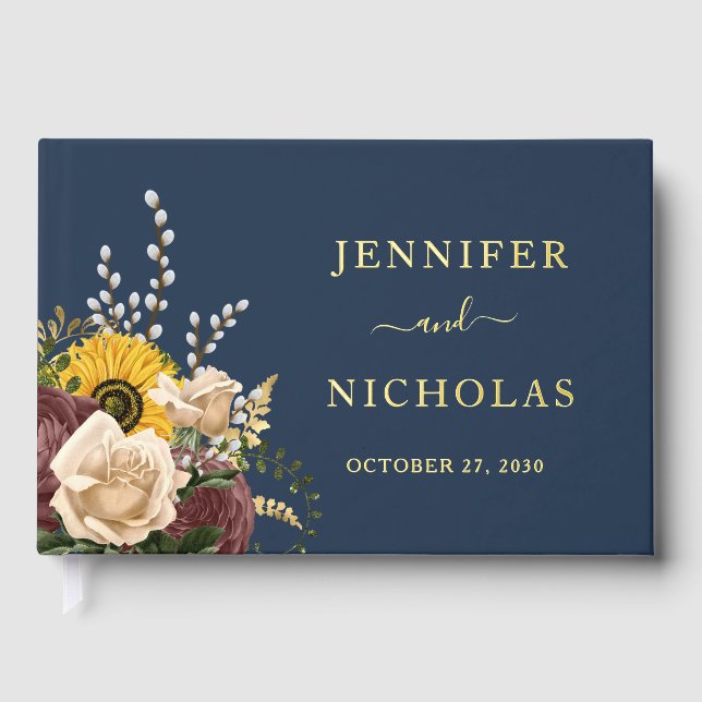 Elegant Navy Blue Sunflower Wedding Gold Guest Book (Front)