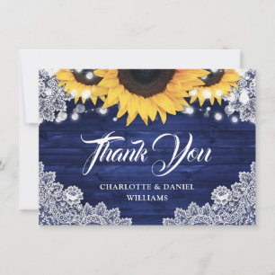Elegant Navy Blue Sunflower Wood Lace Wedding Thank You Card