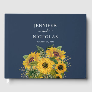 Elegant Navy Blue Sunflowers Wedding  Guest Book