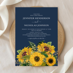 Elegant Navy Blue Sunflowers Wedding  Invitation