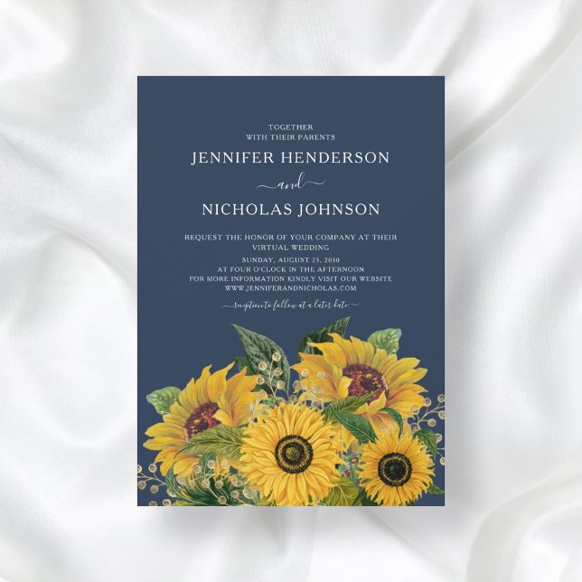 Elegant Navy Blue Sunflowers Wedding  Invitation (Creator Uploaded)