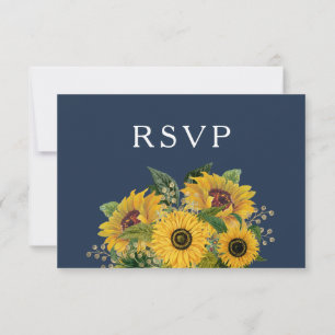 Elegant Navy Blue Sunflowers Wedding RSVP Card