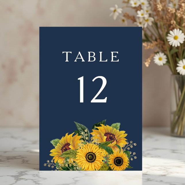 Elegant Navy Blue Sunflowers Wedding  Table Number (Elegant Navy Blue Sunflowers Wedding Table Number)