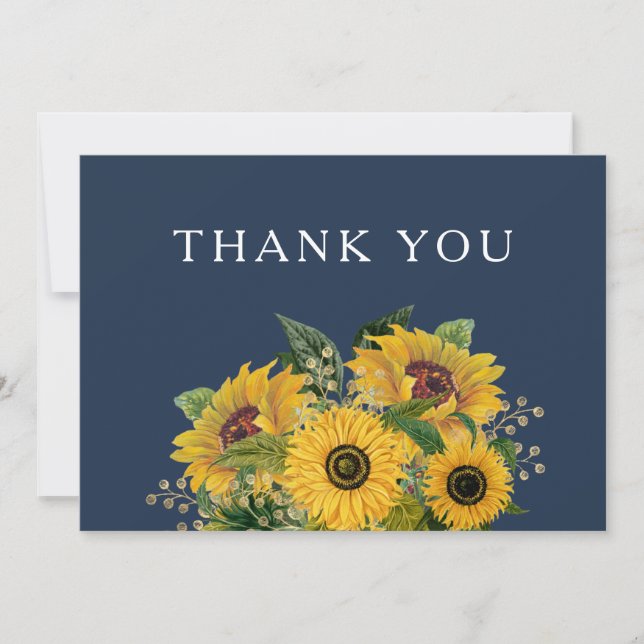 Elegant Navy Blue Sunflowers Wedding  Thank You Card (Front)