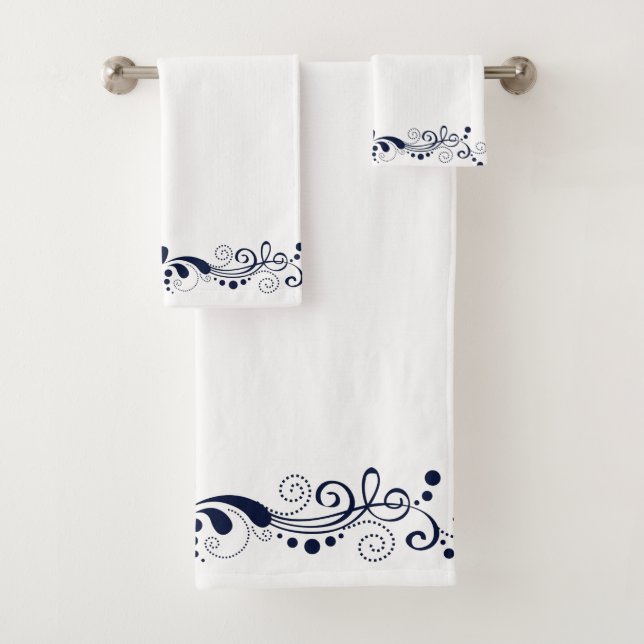 Elegant Navy-Blue Swirls Lace Bath Towel Set (Insitu)