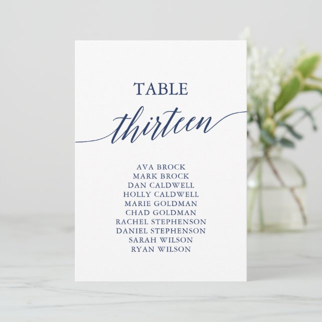 Elegant Navy Blue Table Number 13 Seating Chart (Standing Front)