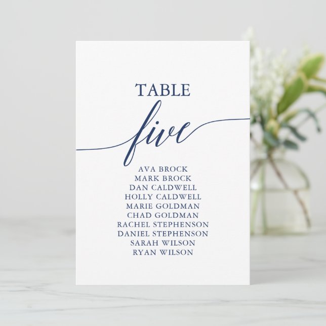 Elegant Navy Blue Table Number 5 Seating Chart (Standing Front)