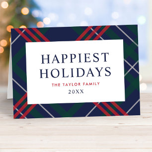 Elegant Navy Blue Tartan Plaid Happiest Holidays Holiday Card