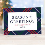 Elegant Navy Blue Tartan Plaid Seasons Greetings Holiday Card<br><div class="desc">Elegant folded holiday card features a classic navy blue, hunter green and red tartan plaid pattern with elegant "Season's Greetings" text with family name and year that can be completely personalised. A custom script message is also included on the inside of the card. Personalise with your preferred text - a...</div>