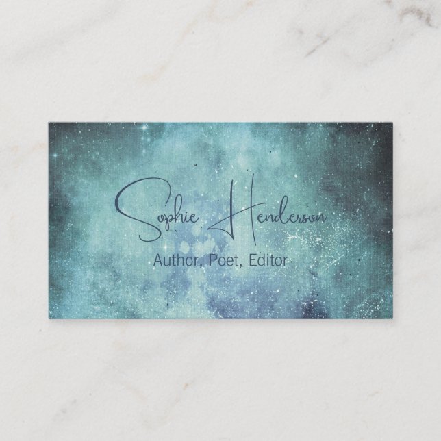 Elegant Navy Blue Teal Galaxy Author Writer  Business Card (Front)