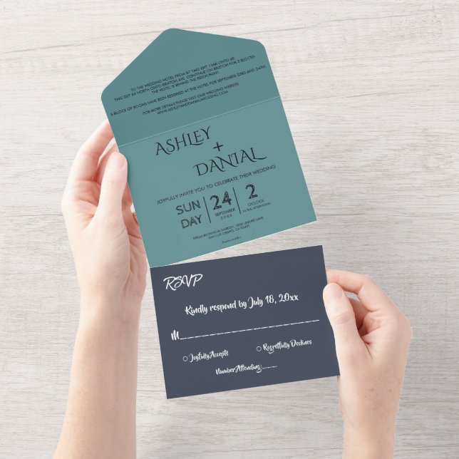 Elegant Navy Blue Teal Modern Chic Wedding All In One Invitation (Tearaway)