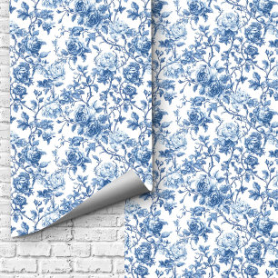 Elegant Navy Blue Toile Roses Floral Pattern Home  Wallpaper