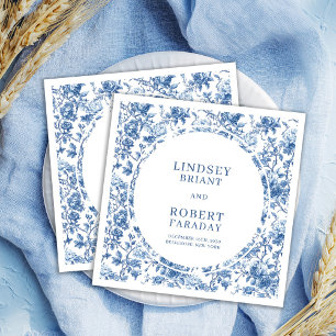 Elegant Navy Blue Toile Roses Personalized Wedding Napkin