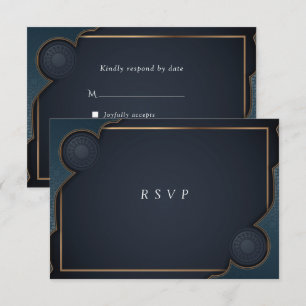 Elegant Navy Blue Turquoise and Gold Modern RSVP Card