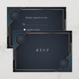 Elegant Navy Blue Turquoise and Gold Modern RSVP Card