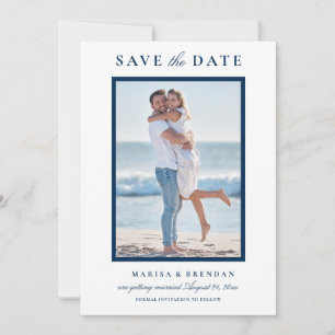 Elegant Navy Blue Two Sided Photo Wedding Save The Date