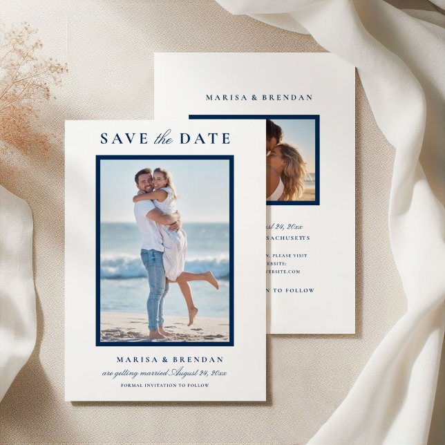 Elegant Navy Blue Two Sided Photo Wedding Save The Date (Creator Uploaded)