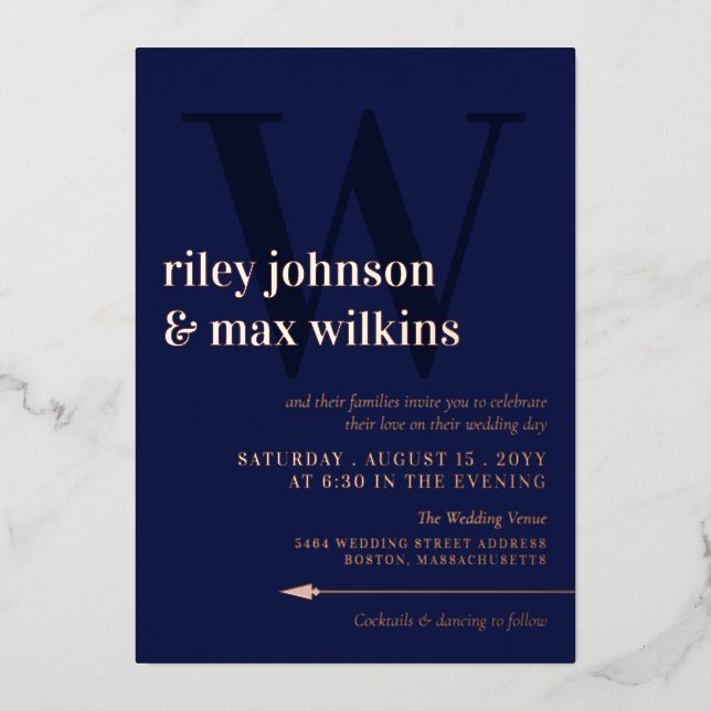 Elegant Navy Blue Typography Arrow Rose Gold (Front)