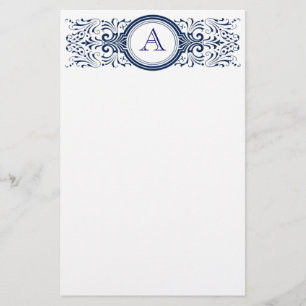 Elegant Navy Blue Vintage Filigree Monogram Stationery