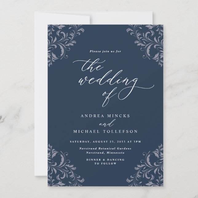 Elegant Navy Blue Vintage Wedding Invitations (Front)