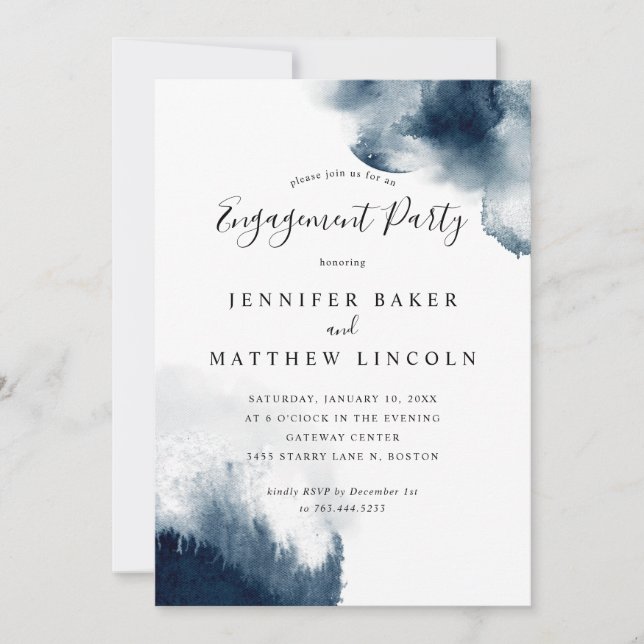 Elegant Navy Blue Watercolor Engagement Party Invitation (Front)