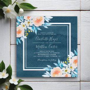 Elegant Navy Blue Watercolor Floral Square Wedding Invitation