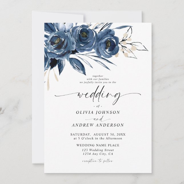 Elegant Navy Blue Watercolor Floral Wedding Invitation (Front)