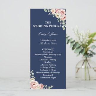 Elegant Navy Blue Watercolor Floral Wedding Program