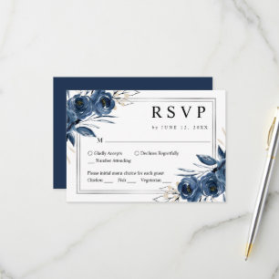 Elegant Navy Blue Watercolor Floral Wedding RSVP Card