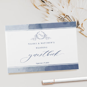 Elegant Navy Blue Watercolor Monogram Wedding Guest Book