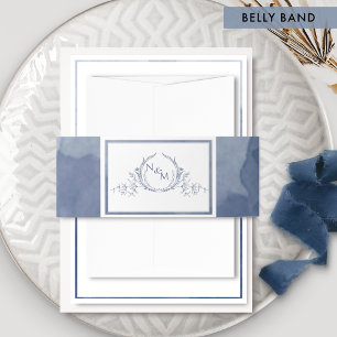 Elegant Navy Blue Watercolor, Monogram Wedding Invitation Belly Band
