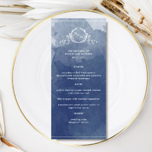 Elegant Navy Blue Watercolor, Monogram Wedding Menu