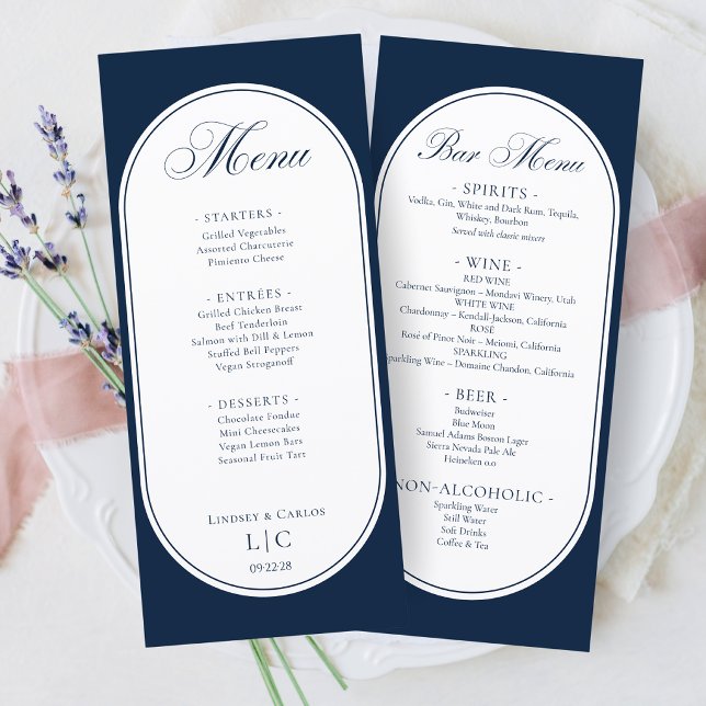 Elegant Navy Blue Wedding Dinner Menu & Bar Menu (Creator Uploaded)