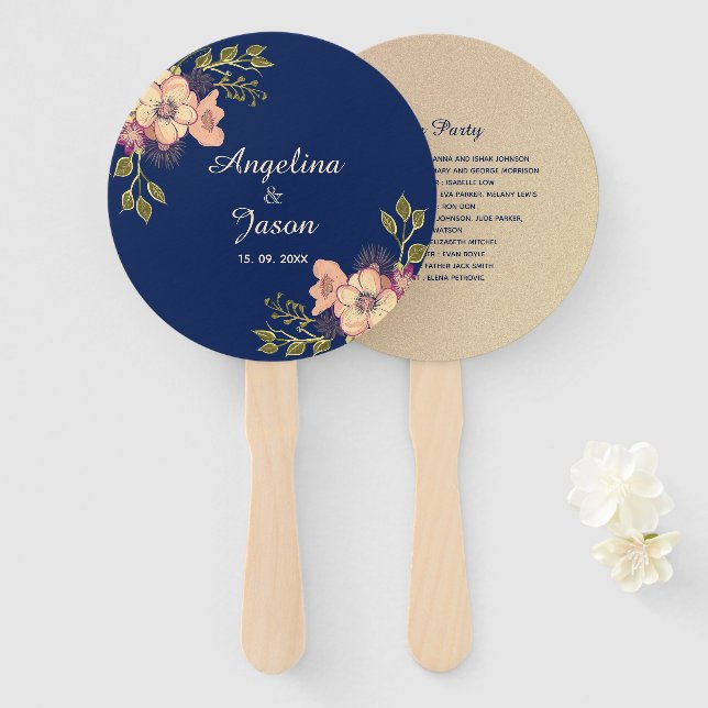 Elegant Navy Blue Wedding Hand Fan (Front and Back)